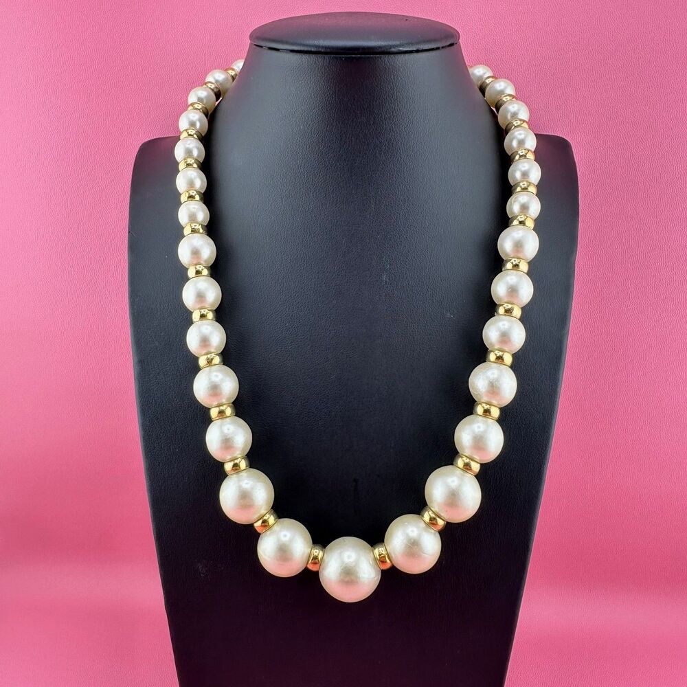Vintage Napier Faux Pearl Necklace Graduated Gold Tone Spacer Beads 17" Signed